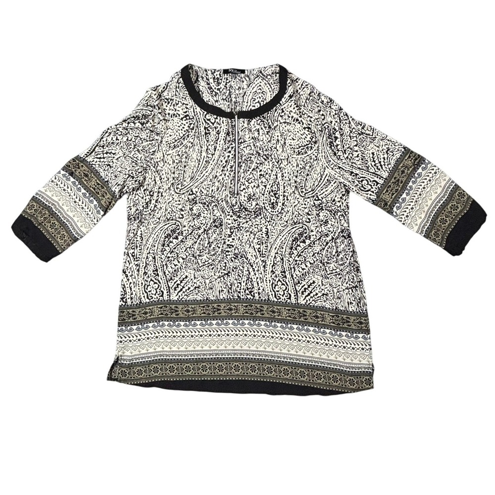 Ivy Beau Womens Paisley Border Print Zip Neck Tunic Top Black White‎ Size US 10